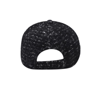 Detail view of winter baseball cap back with tweed texture and adjustable strap closure