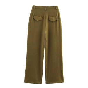 Detail of olive green wide-leg trousers back view showing high waist and flap pockets