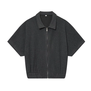 Dunkelgraue Strickjacke für Damen mit Reißverschluss, Kurzarm-Design und Reverskragen