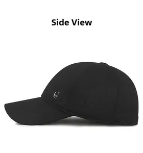 Detail view of winter baseball cap showing side metal logo and thickened cotton fabric
