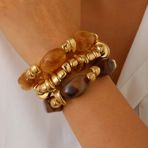 Vintage multilayer beaded bracelet set with irregular amber resin and gold spiral rings