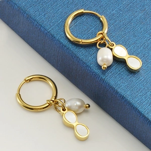 18K gold plated stainless steel hoop earrings with natural pearls and gourd pendants