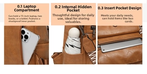 Detail of the brown textured leather backpack featuring a 15-inch shockproof laptop compartment