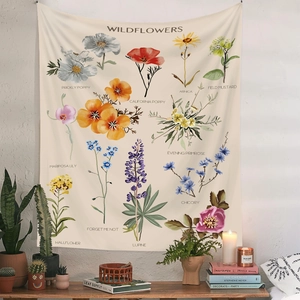 Vintage botanical wildflower tapestry wall hanging with colorful floral illustrations