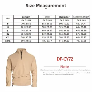 Men's half-zip sweatshirt size chart including bust and length in CM and inches