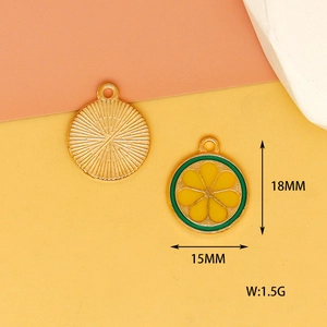 Detailansicht eines 15mm Zitronen-Emaille-Anhängers mit Größen- und Gewichtsangaben