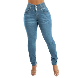 Women's high waist skinny blue denim jeans with triple button closure and elastic waist