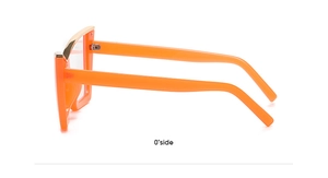 Side view of cat-eye frames in bright orange with elegant metallic hinge details
