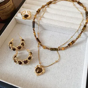 Tiger's Eye Heart Pendant Double Layer Necklace C Shape Hoop Earrings Open Ring With 925 Sterling Silver Earring Post Gold Plated