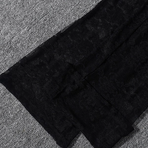 Close-up of intricate black lace fabric with delicate floral mesh texture and detail