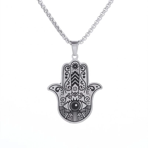 Collana con ciondolo Mano di Fatima in acciaio inossidabile con incisione occhio e sole