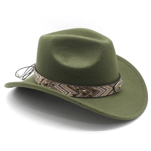Detail view of army green fedora with woven band, metal studs, and bull head emblem