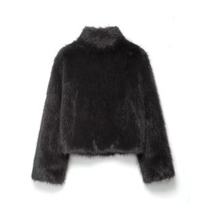 Women's black faux fur coat featuring high collar and back view in minimalist style