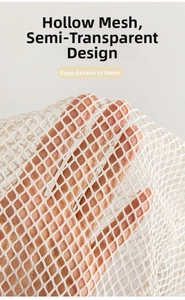 Detail of breathable beige mesh storage bag showing semi-transparent hollow grid texture
