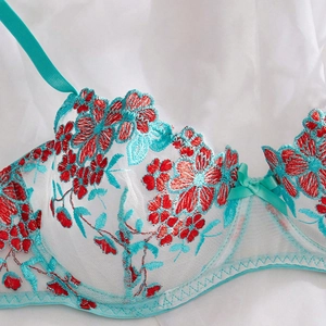 Close-up of floral embroidery on sheer lace bra with elegant blue satin bow detail