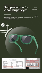 Detail of green silicone baby sunglasses with UV400 test report showing zero UV radiation