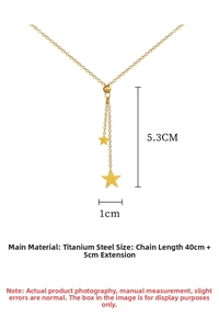 Detail of titanium steel Y-shaped necklace with gold stars and size dimensions