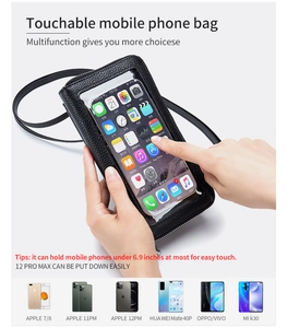 Detail showing transparent touch screen window for mobile phone bag in black lychee grain