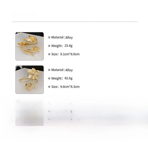 Detailed dimensions and weight of gold layered leaf and flower alloy arm cuffs