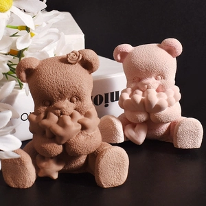3D heart teddy bear silicone mold for DIY candles and plaster crafts in brown and pink