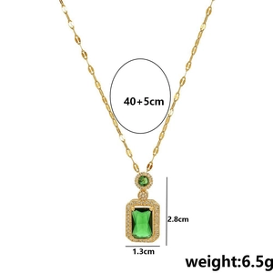 Hip hop gold titanium necklace with square green gemstone pendant and diamond accents
