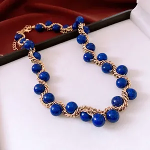 Vintage Stone Bead Necklace Gold Twisted Metal Chain Retro Blue Lapis Lazuli Style Elegant Women Accessory
