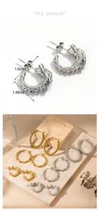 Detailed tile display of gold and silver twisted C-shape hoop earrings with dimensions
