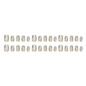 Short square press on nails with cat eye cat-eye effect and gold grid geometric patterns