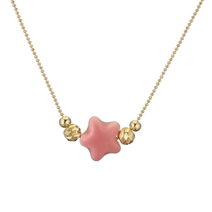 Pink ceramic star pendant necklace with gold beaded chain on white background