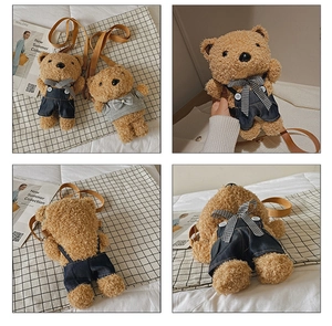 Detail view of cute teddy bear plush crossbody bag showing front, back and leather strap