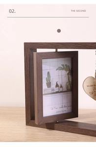 Detail of 6 inch double-sided rotating wooden photo frame with hanging heart wood tag