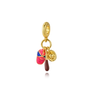 Gold baseball sports charms with pink cap, brown bat, and glove for bead bracelets