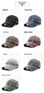 Detail view of seven washed cotton baseball caps with distressed star patches and embroidery