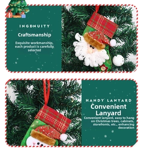 Detailed view of 3D Santa Claus Christmas stocking with red plaid fabric and hanging lanyard