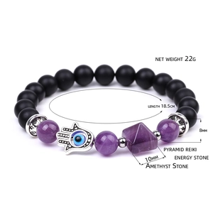 Handmade amethyst pyramid bead bracelet with Hamsa Hand and Evil Eye charm for women