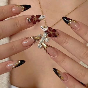 Almond Press On Nails With 3D Flower French Tip Rhinestone Leopard Print Glossy Retro Artificial Fingernails For Women