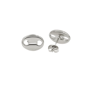 Macro detail of polished silver coffee bean stud earrings with 18K gold plating texture