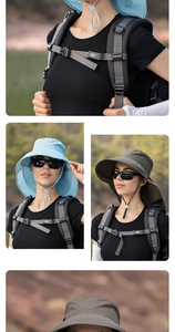 Détail de chapeaux de soleil à larges bords et équipement de sac à dos tactique