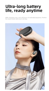 Detail of OWS open-ear wireless headphones with charging case showing 40h battery life