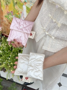 Quilted heart sanitary napkin pouch set in pink and white satin with snap closure