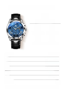Detailed specs of OLEVS quartz chronograph watch featuring blue dial and 40mm silver case
