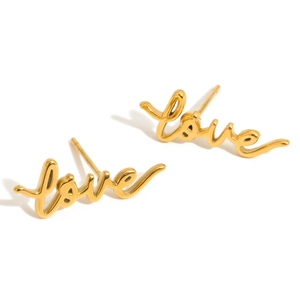 Polished 18K gold-plated stainless steel stud earrings with cursive Love lettering