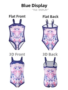 Detailed views of girls' one-piece swimsuit with blue ethnic floral and phoenix prints