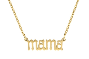 Detailed view of golden stainless steel necklace with gothic mama letter pendant