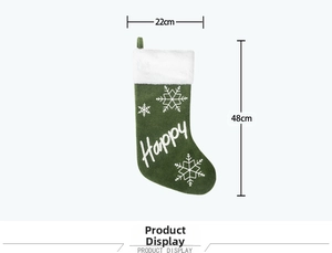 Detail view of 48cm green Christmas stocking with white snowflake embroidery and dimensions