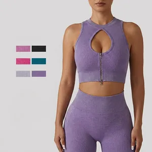 Women's Ribbed Seamless Yoga Set Hollow Zipper Sport Bra And High Waist Butt Lifting Leggings 2 Piece Workout Tracksuit
