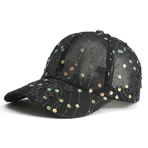 Women's black mesh baseball cap with colorful sequins and stylish floral embroidery
