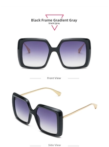 Macro view of oversized square sunglasses with gradient gray lenses and gold metal temples