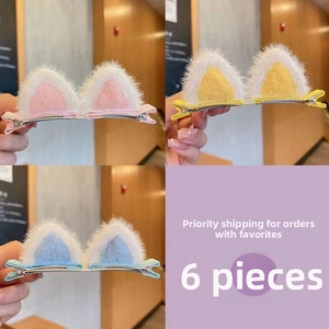 Detail view of 6 PCS colorful plush cat ear hair clips for girls with soft faux fur texture
