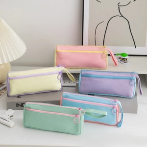 Large capacity canvas pencil case with dual zippers and portable handle in pastel colors